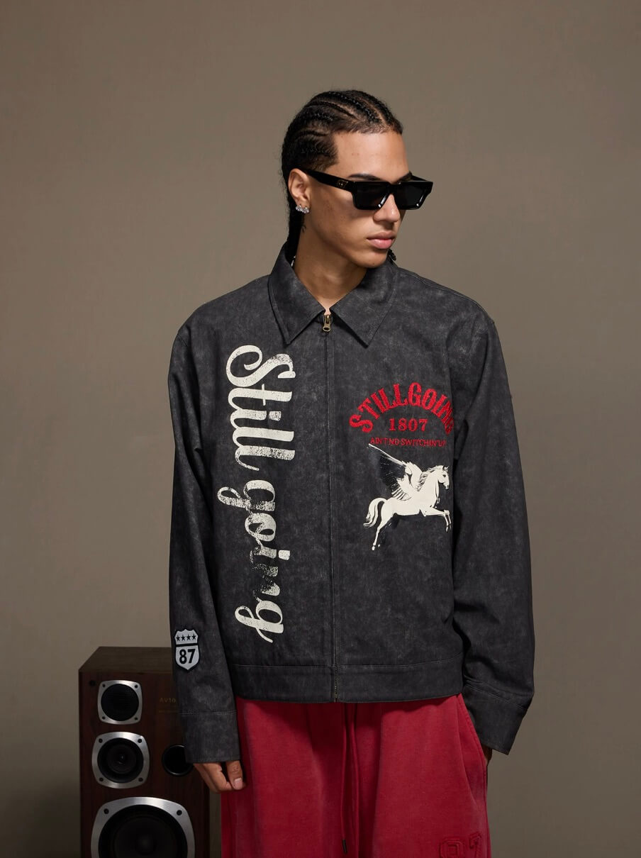 1807 Pegasus Vintage Print Embroidered Detroit Jacket | Face 3 Face