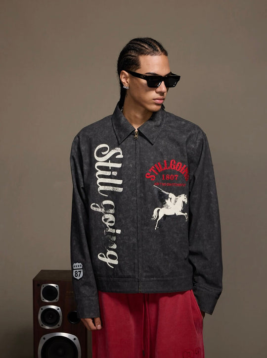 1807 Pegasus Vintage Print Embroidered Detroit Jacket | Face 3 Face