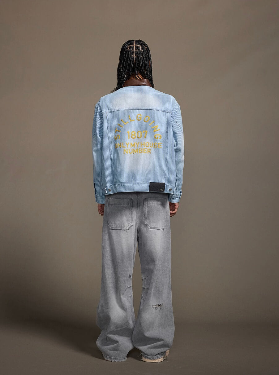 1807 Chain Stitch Embroidered Striped Washed Denim Jacket | Face 3 Face