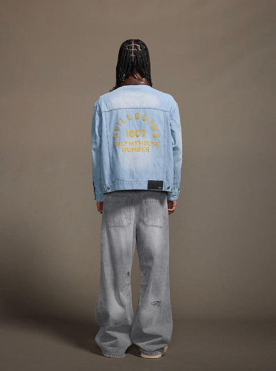 1807 Chain Stitch Embroidered Striped Washed Denim Jacket | Face 3 Face