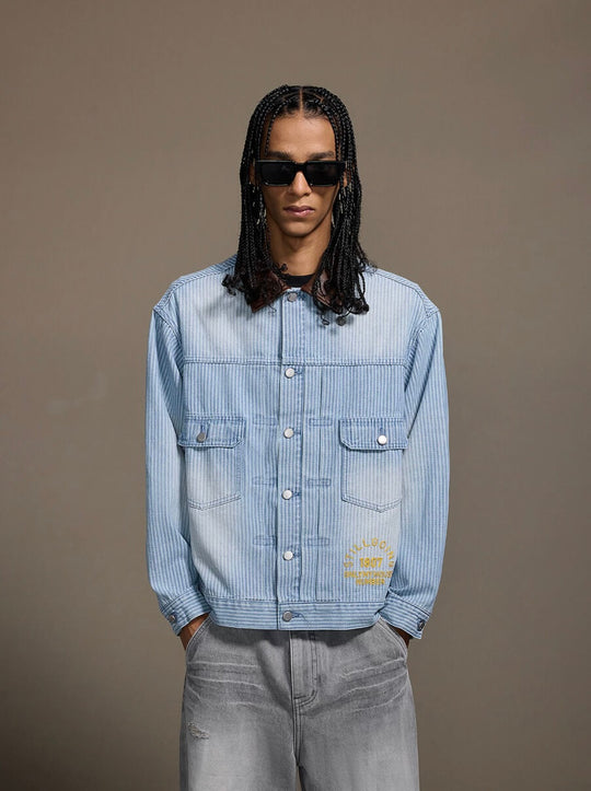 1807 Chain Stitch Embroidered Striped Washed Denim Jacket | Face 3 Face