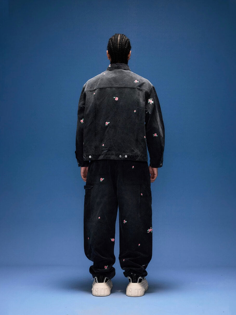 1807 All Over Floral Embroidered Washed Denim Jacket | Face 3 Face