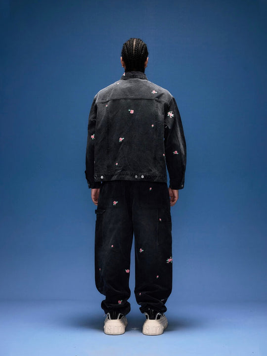 1807 All Over Floral Embroidered Washed Denim Jacket | Face 3 Face