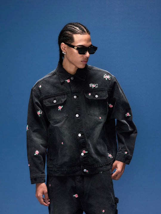 1807 All Over Floral Embroidered Washed Denim Jacket | Face 3 Face