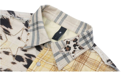 1807 Patchwork Print Plaid Rhinestone Long Sleeve Shirt | Face 3 Face