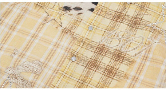 1807 Patchwork Print Plaid Rhinestone Long Sleeve Shirt | Face 3 Face