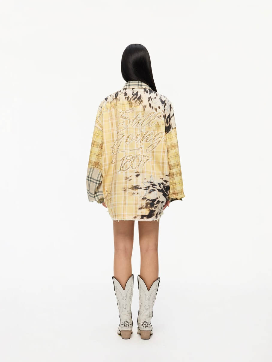 1807 Patchwork Print Plaid Rhinestone Long Sleeve Shirt | Face 3 Face