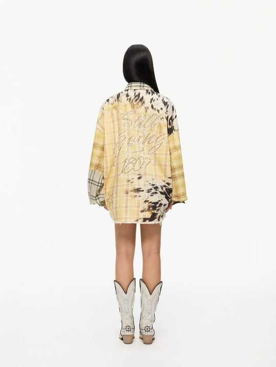 1807 Patchwork Print Plaid Rhinestone Long Sleeve Shirt | Face 3 Face