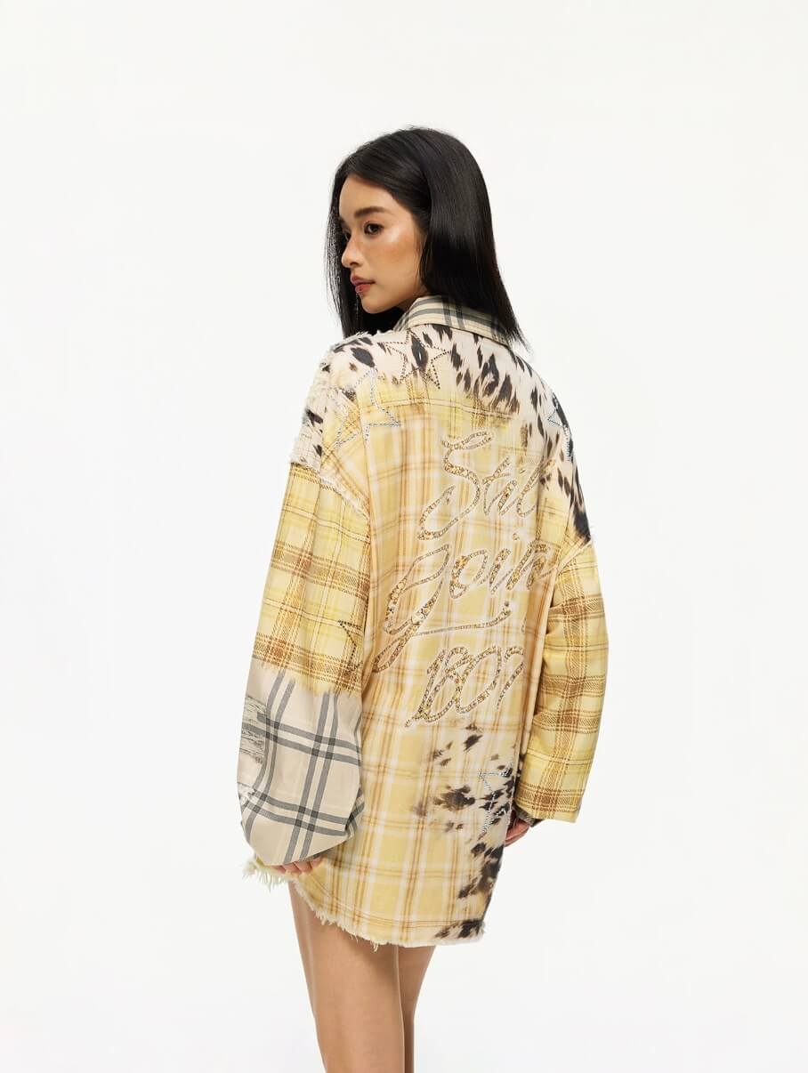 1807 Patchwork Print Plaid Rhinestone Long Sleeve Shirt | Face 3 Face