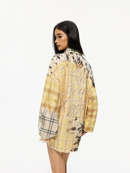 1807 Patchwork Print Plaid Rhinestone Long Sleeve Shirt | Face 3 Face
