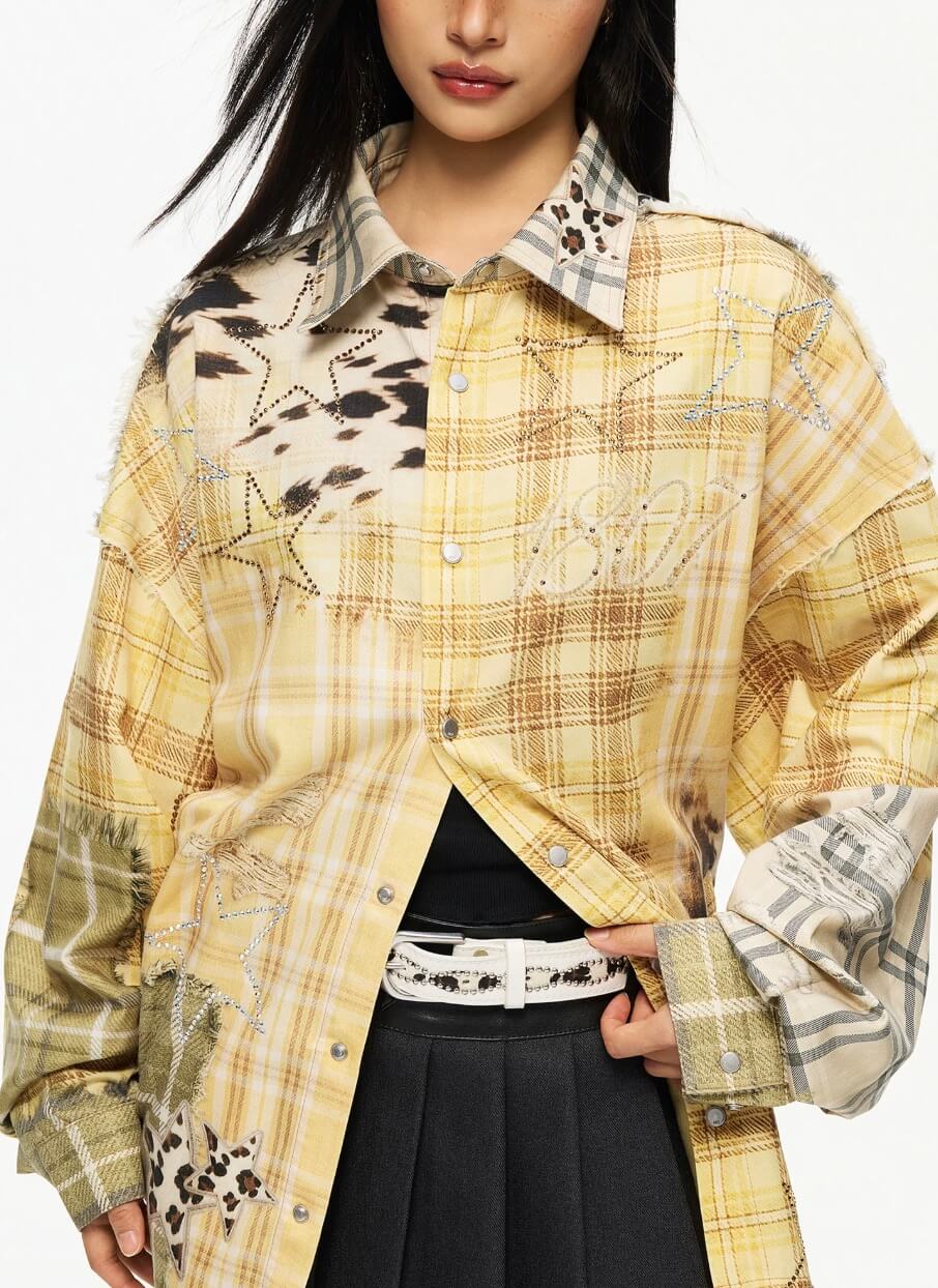 1807 Patchwork Print Plaid Rhinestone Long Sleeve Shirt | Face 3 Face