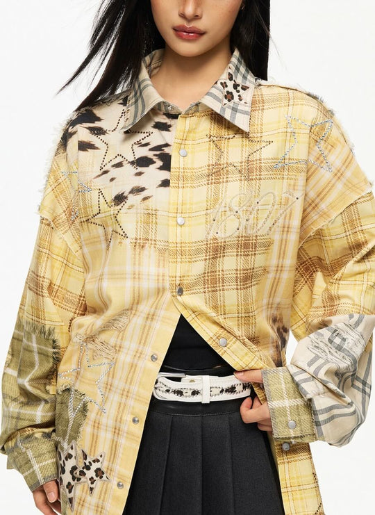 1807 Patchwork Print Plaid Rhinestone Long Sleeve Shirt | Face 3 Face