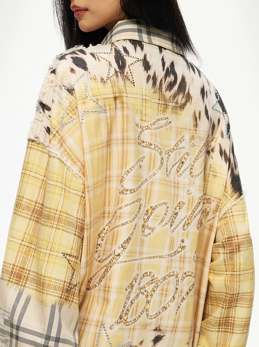 1807 Patchwork Print Plaid Rhinestone Long Sleeve Shirt | Face 3 Face