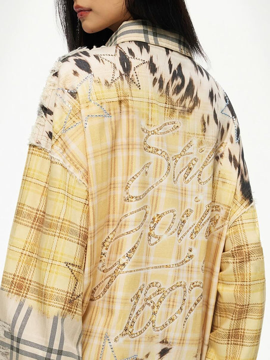 1807 Patchwork Print Plaid Rhinestone Long Sleeve Shirt | Face 3 Face