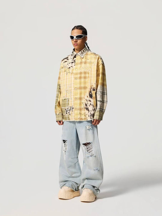 1807 Patchwork Print Plaid Rhinestone Long Sleeve Shirt | Face 3 Face
