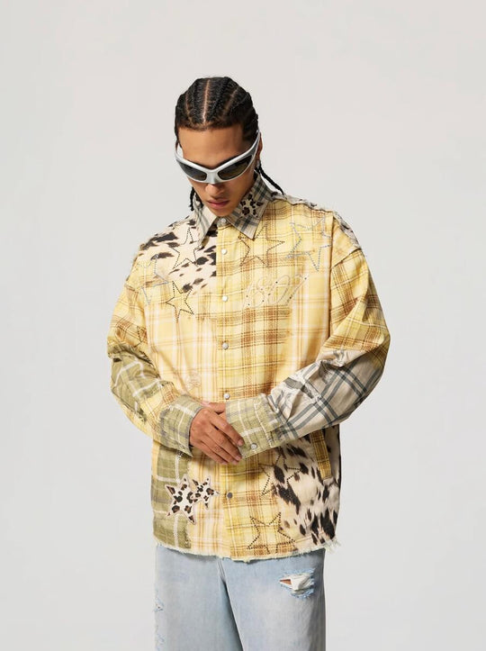 1807 Patchwork Print Plaid Rhinestone Long Sleeve Shirt | Face 3 Face