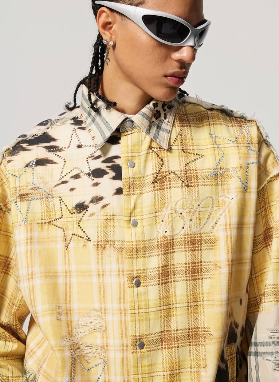 1807 Patchwork Print Plaid Rhinestone Long Sleeve Shirt | Face 3 Face