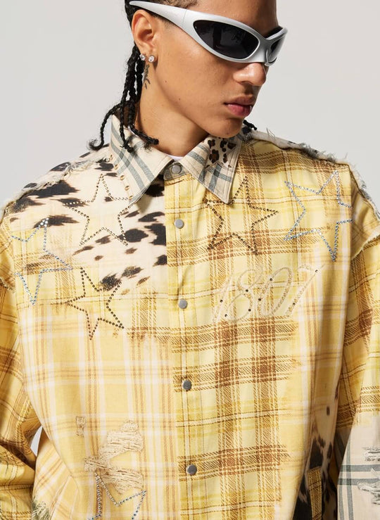 1807 Patchwork Print Plaid Rhinestone Long Sleeve Shirt | Face 3 Face