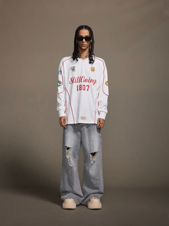 1807 Patchwork Print V Neck Long Sleeve Hockey Jersey | Face 3 Face