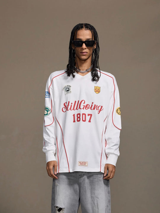 1807 Patchwork Print V Neck Long Sleeve Hockey Jersey | Face 3 Face