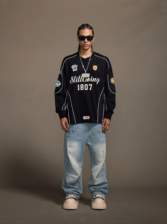 1807 Patchwork Print V Neck Long Sleeve Hockey Jersey | Face 3 Face