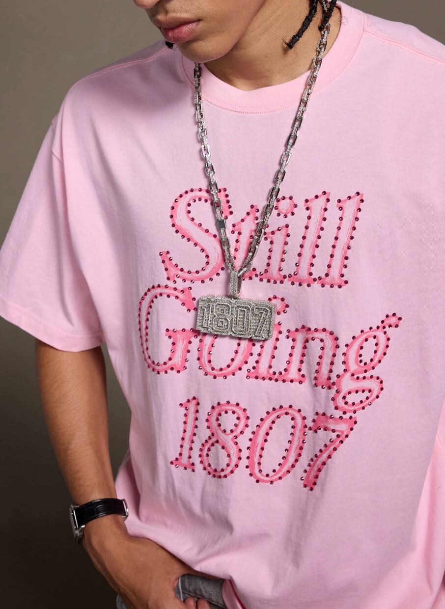 1807 Still Going Print Rhinestone Short Sleeve Tee | Face 3 Face