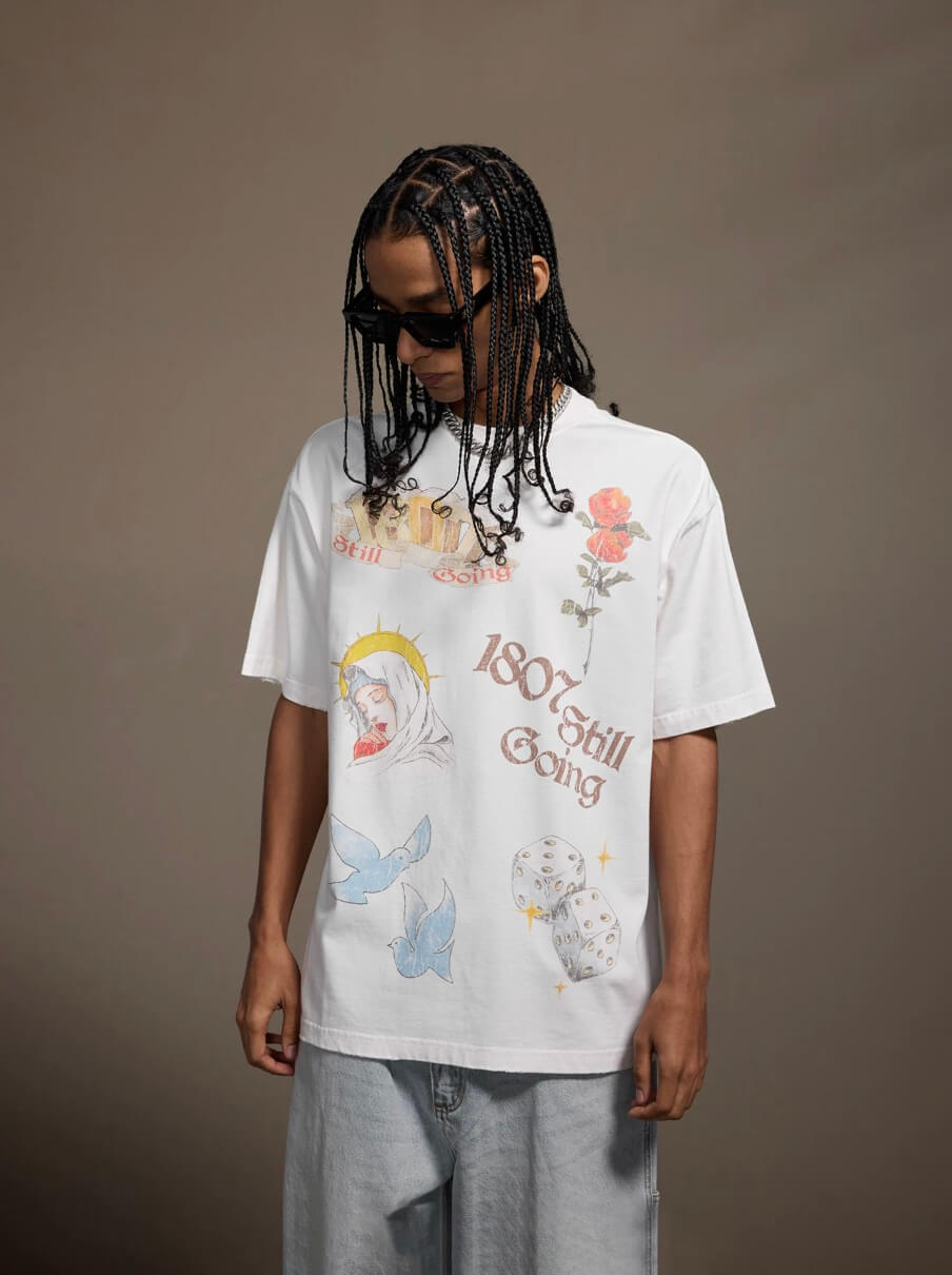 1807 Vintage Print Washed Distressed Short Sleeve Tee | Face 3 Face