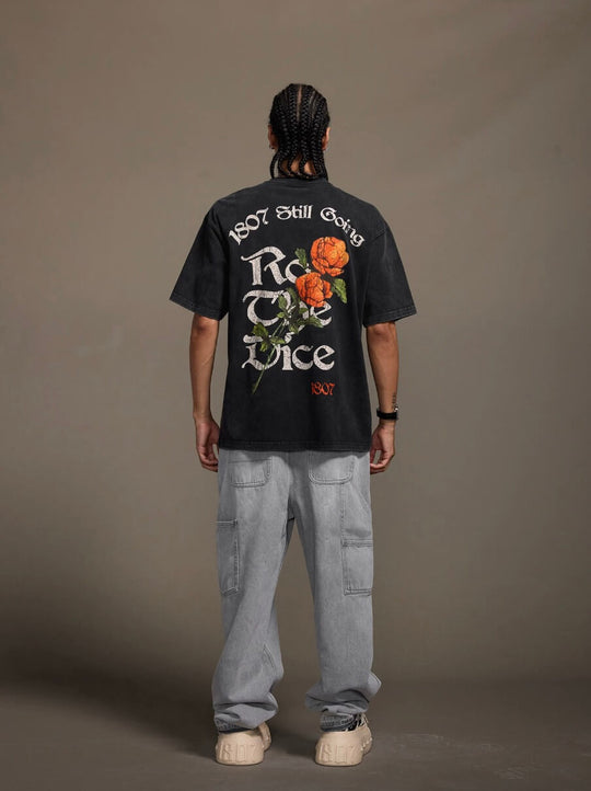 1807 Vintage Cracked Rose Print Washed Short Sleeve Tee | Face 3 Face