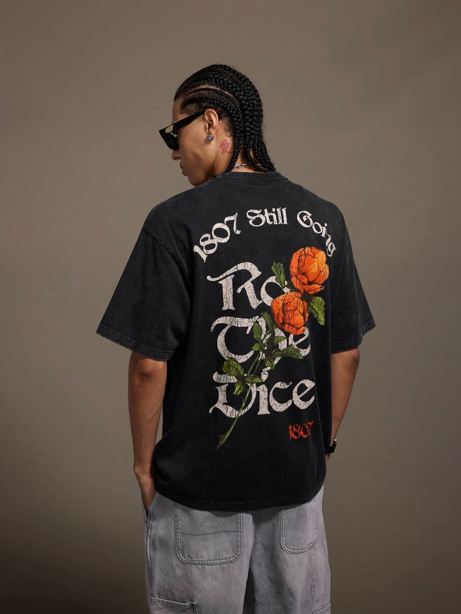 1807 Vintage Cracked Rose Print Washed Short Sleeve Tee | Face 3 Face