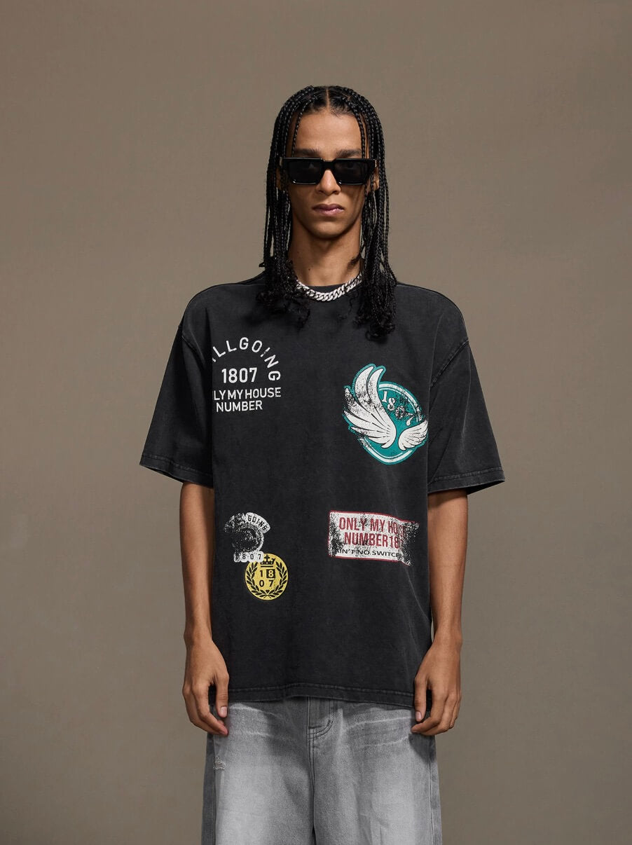 1807 Vintage Multi Print Washed Short Sleeve Tee | Face 3 Face