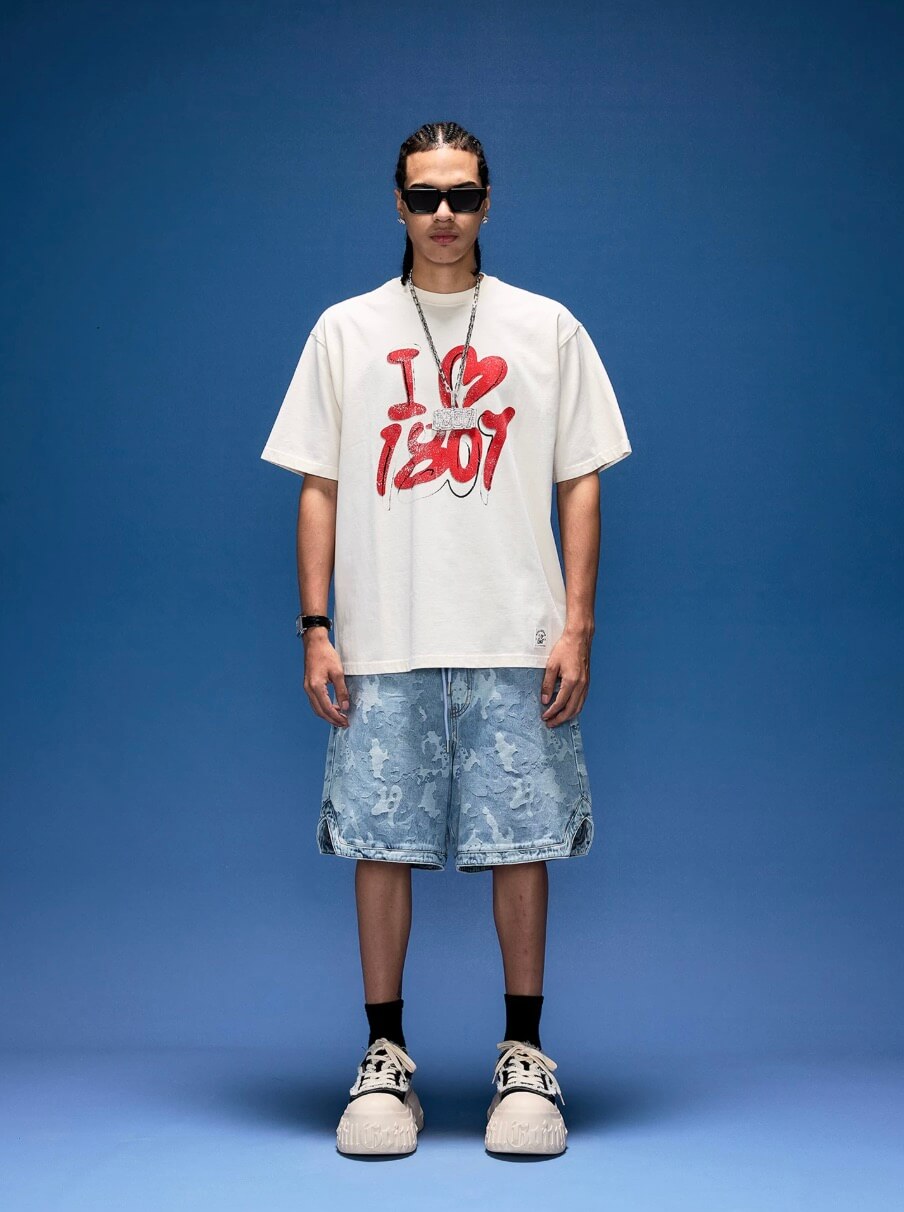 1807 I Love Graffiti Print Distressed Short Sleeve Tee | Face 3 Face