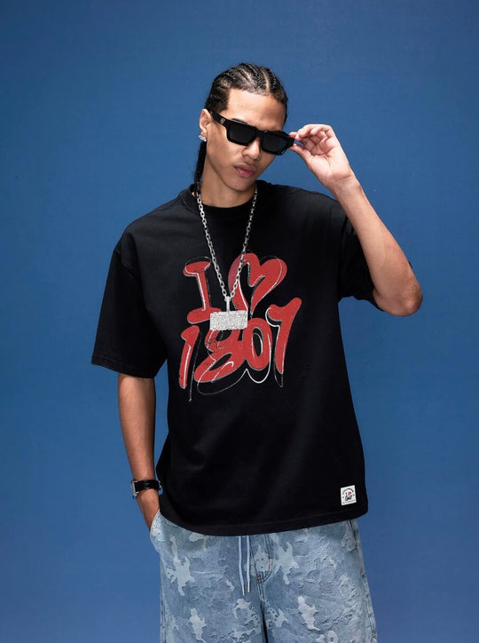 1807 I Love Graffiti Print Distressed Short Sleeve Tee | Face 3 Face