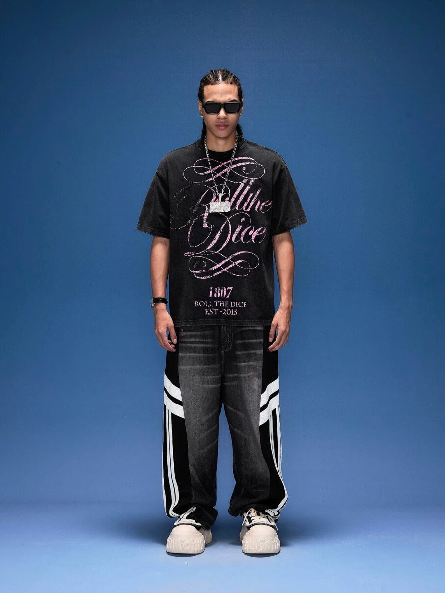 1807 Distressed Calligraphy Graphic Washed Short Sleeve Tee | Face 3 Face