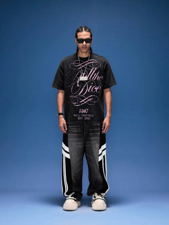 1807 Distressed Calligraphy Graphic Washed Short Sleeve Tee | Face 3 Face