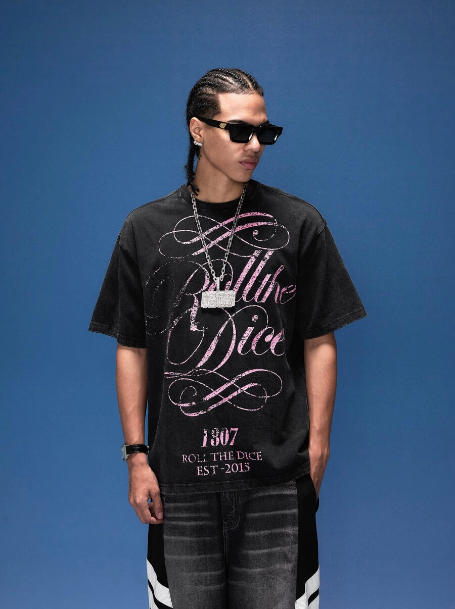 1807 Distressed Calligraphy Graphic Washed Short Sleeve Tee | Face 3 Face