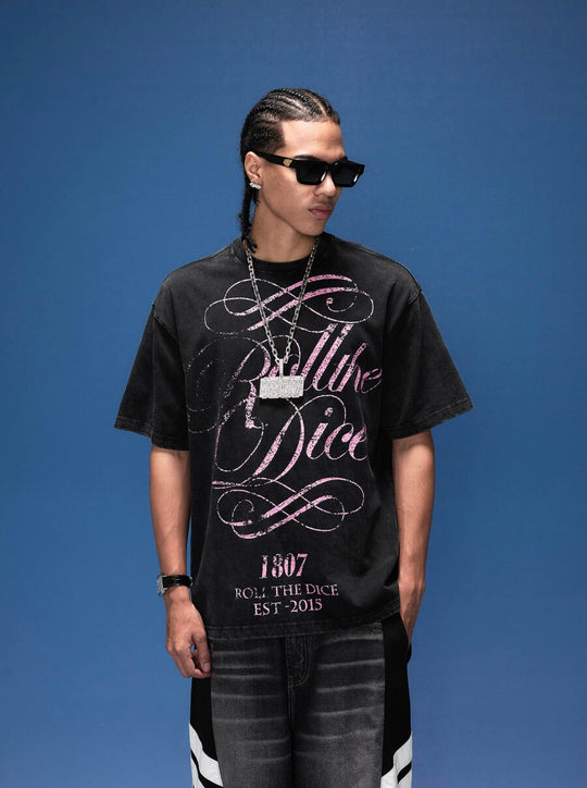 1807 Distressed Calligraphy Graphic Washed Short Sleeve Tee | Face 3 Face