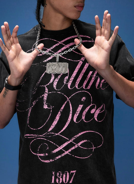 1807 Distressed Calligraphy Graphic Washed Short Sleeve Tee | Face 3 Face