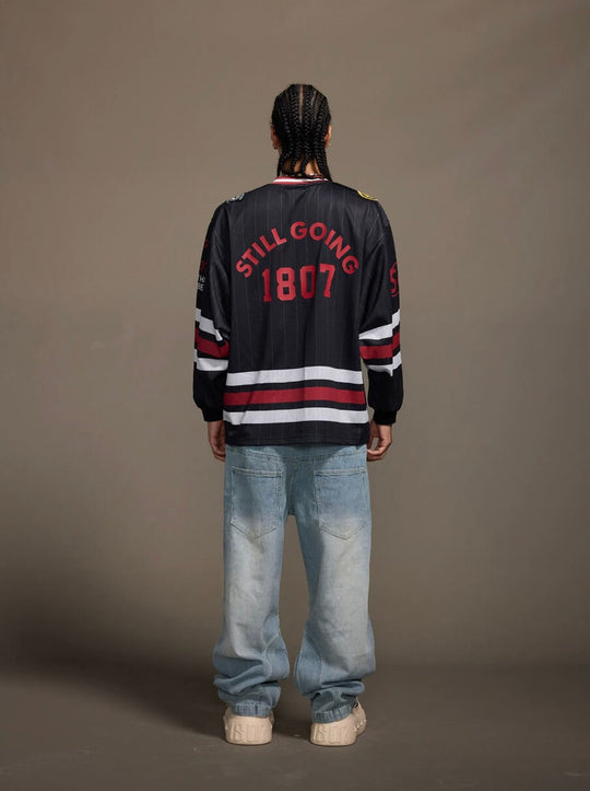 1807 Print Patch V Neck Mesh Long Sleeve Hockey Jersey | Face 3 Face