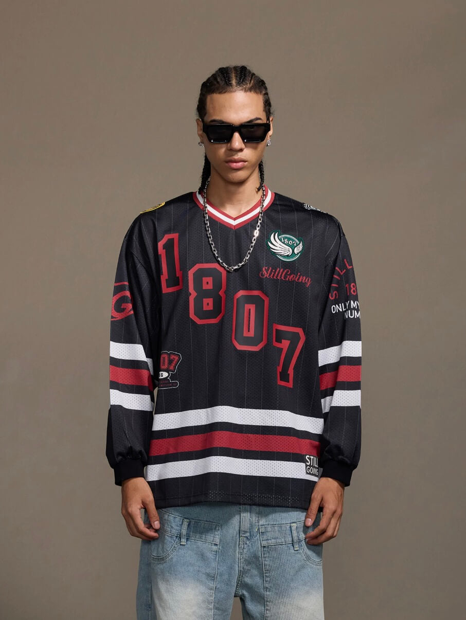 1807 Print Patch V Neck Mesh Long Sleeve Hockey Jersey | Face 3 Face