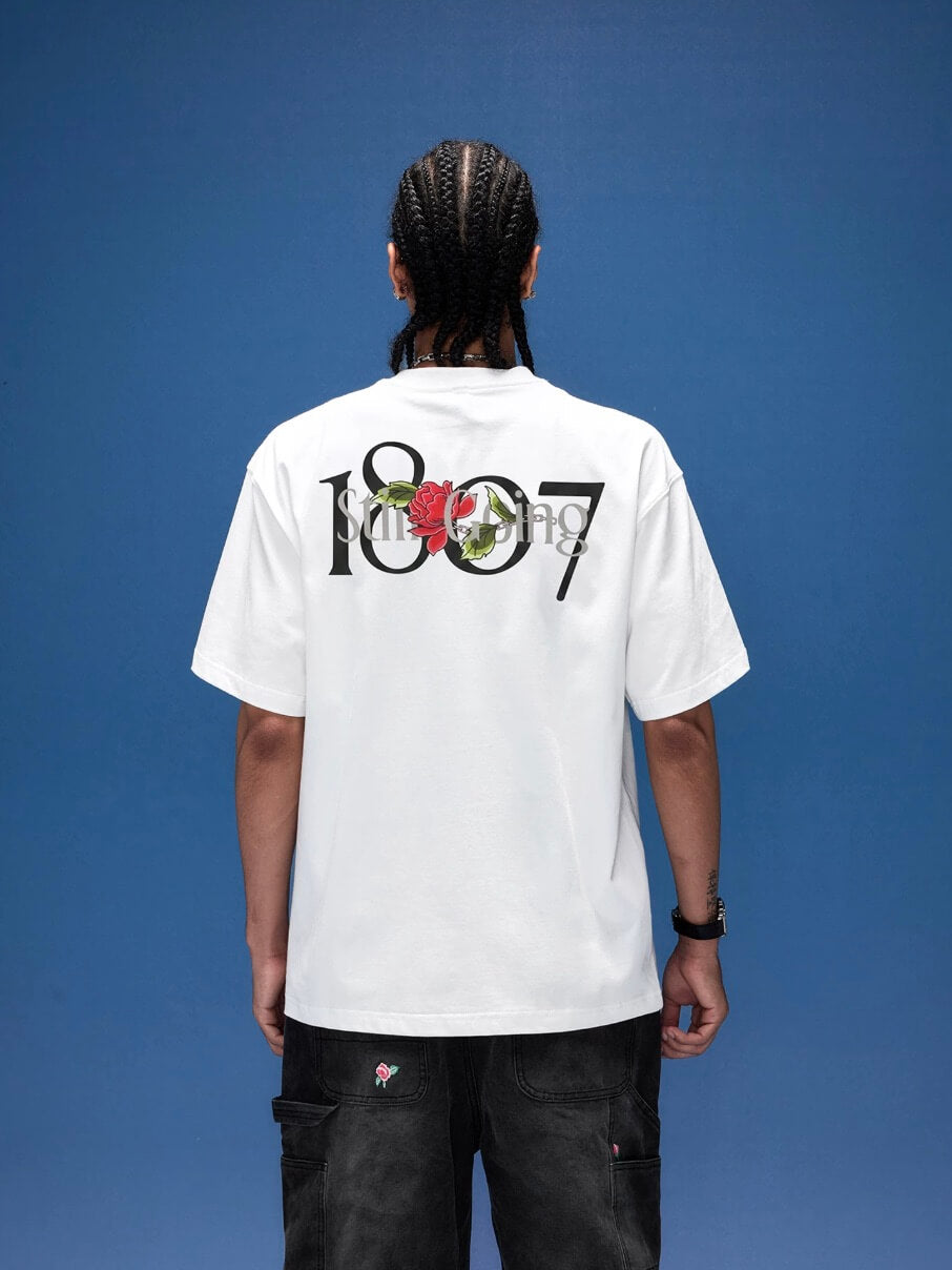 1807 Rose Logo Print Embroidered Short Sleeve Tee | Face 3 Face