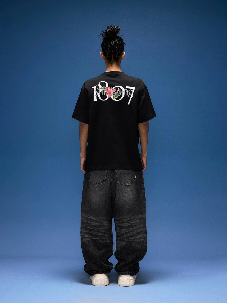 1807 Rose Logo Print Embroidered Short Sleeve Tee | Face 3 Face