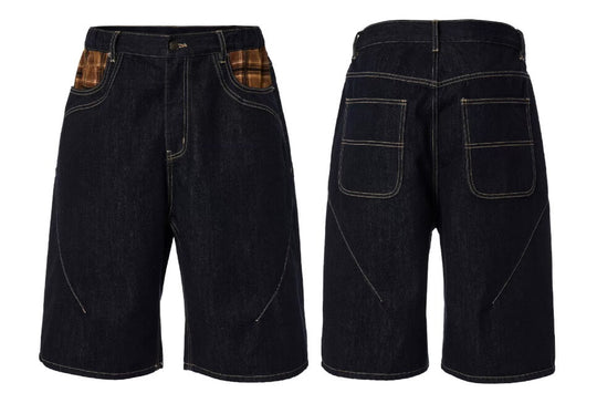F2CE Plaid Pocket Patchwork Denim Baggy Shorts | Face 3 Face