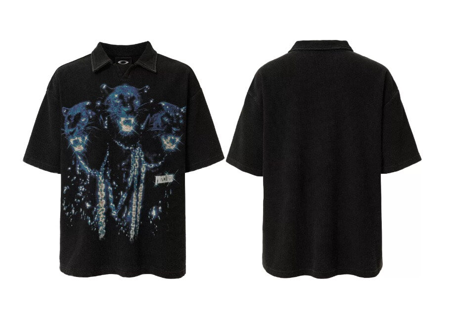 F2CE Washed Distressed Waffle Vintage Print Short Sleeve Polo Shirt | Face 3 Face