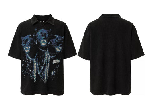 F2CE Washed Distressed Waffle Vintage Print Short Sleeve Polo Shirt | Face 3 Face