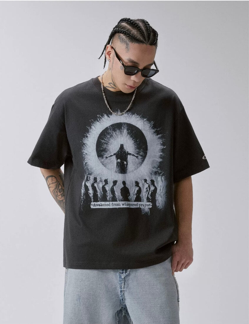 F2CE Praying Figure Silhouette Print Washed Distressed Short Sleeve Tee | Face 3 Face