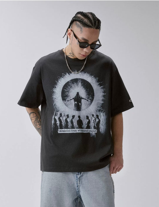 F2CE Praying Figure Silhouette Print Washed Distressed Short Sleeve Tee | Face 3 Face
