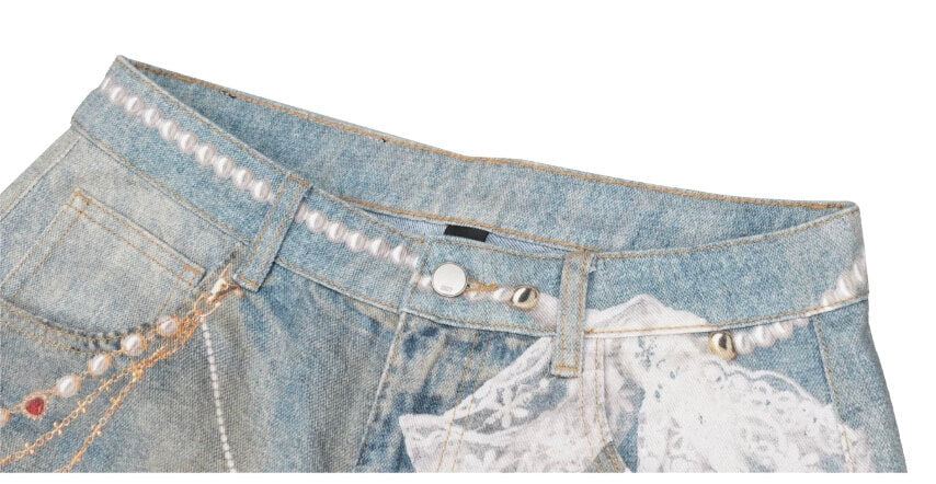 1807 Pearl Denim Transfer Print Cropped Shorts | Face 3 Face