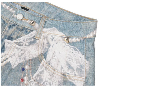 1807 Pearl Denim Transfer Print Cropped Shorts | Face 3 Face