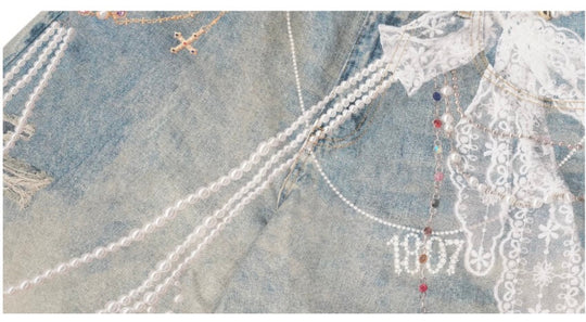 1807 Pearl Denim Transfer Print Cropped Shorts | Face 3 Face