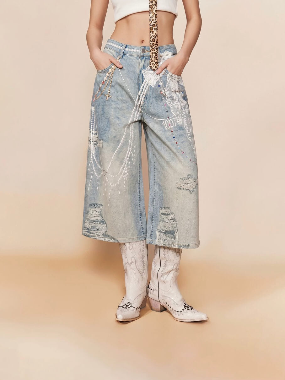 1807 Pearl Denim Transfer Print Cropped Shorts | Face 3 Face